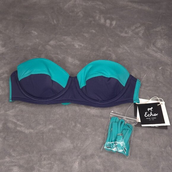 Echo New York Bikini Top XS Teal Navy Adjustable Straps Removable UPF 50+ - Picture 1 of 4